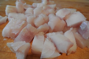 The halibut just makes me think about going out and catching more this spring.  Make sure not to cut more than 1 inch cubes.
